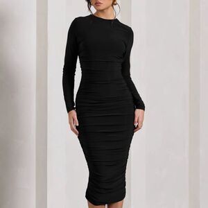 CLUB L LONDON EMILIE
BLACK‎ RUCHED LONG-SLEEVE MIDI DRESS SIZE 2 NWT